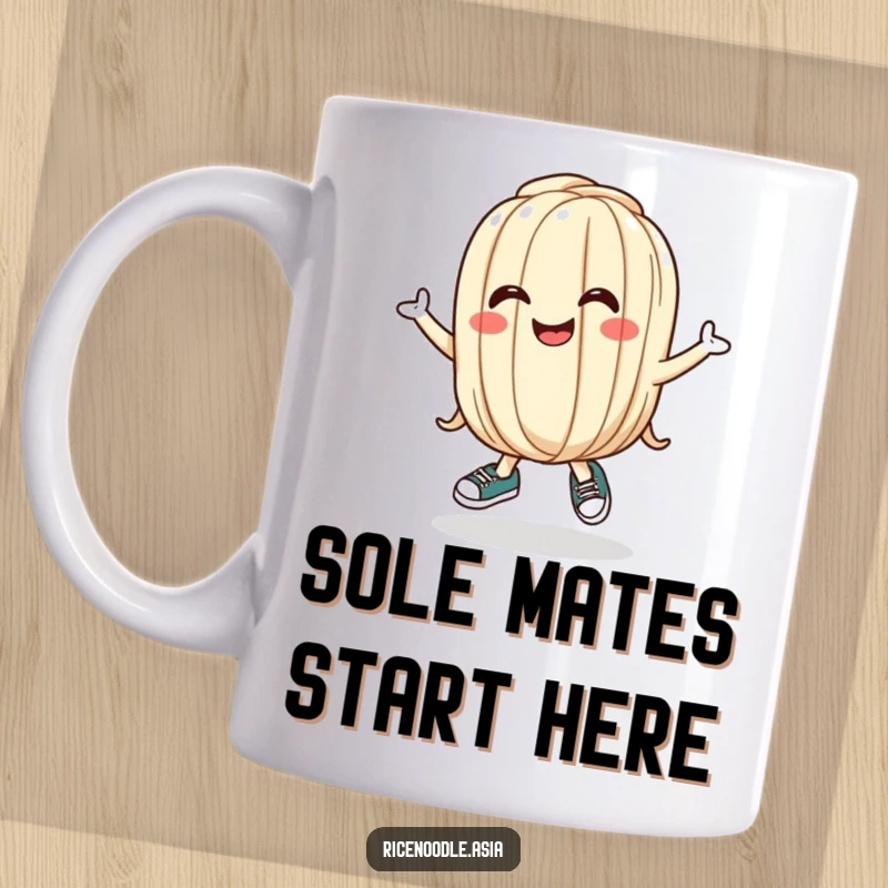 Funny Udon Noodle Mug featuring a bouncing cartoon noodle with tiny shoes and a silly grin, full of playful energy and charm.