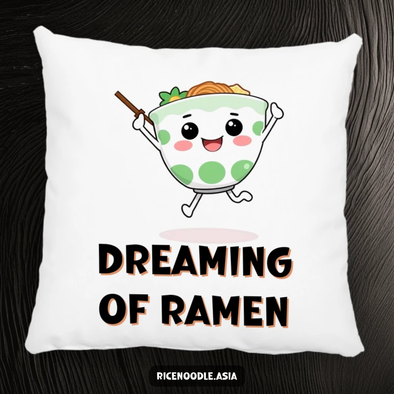 Funny pillow showing a happy ramen bowl character skipping with joy, chopsticks as arms, perfect for adding comfort and cheer.