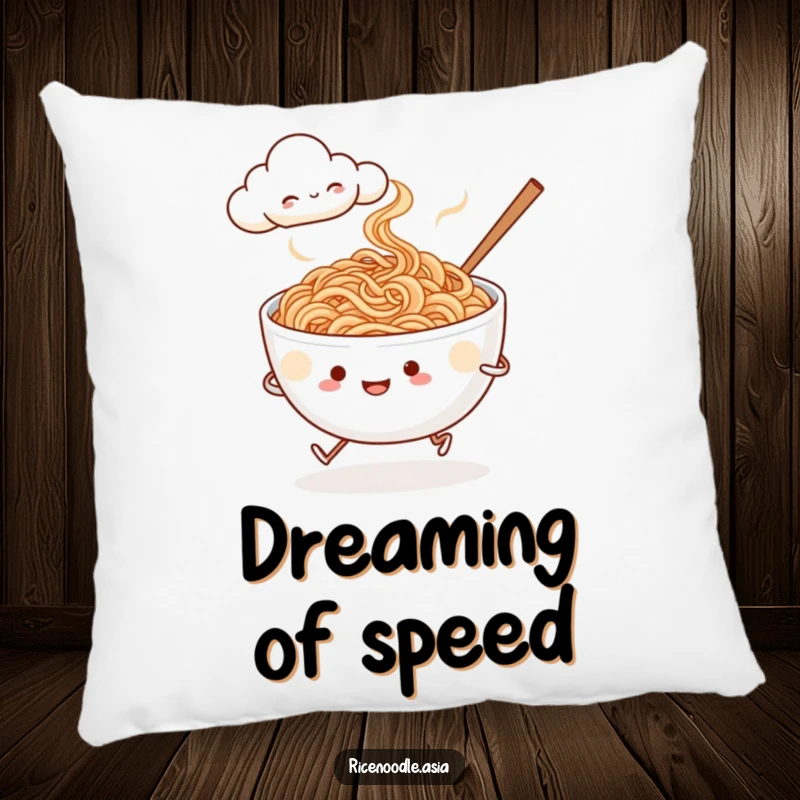 Funny noodle pillow, accent cushion with a steaming bowl of rice noodles with tiny legs happily jogging past a smiling cloud.