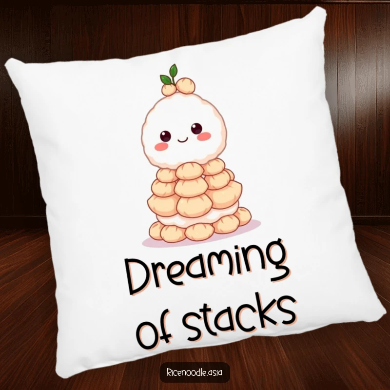Funny pillow showing a grinning rice ball character balancing a towering stack of dumplings, perfect for adding comfort and foodie flair.