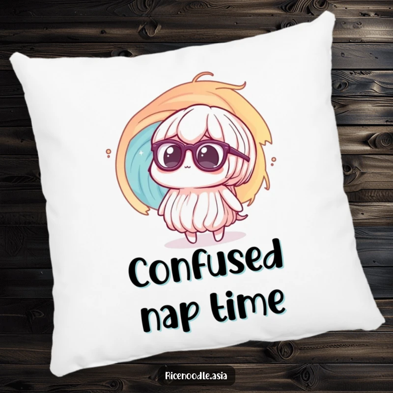 Funny Pillow: A rice noodle with oversized glasses looks confused by a swirling vortex, offering cozy comfort for moments of bewilderment.