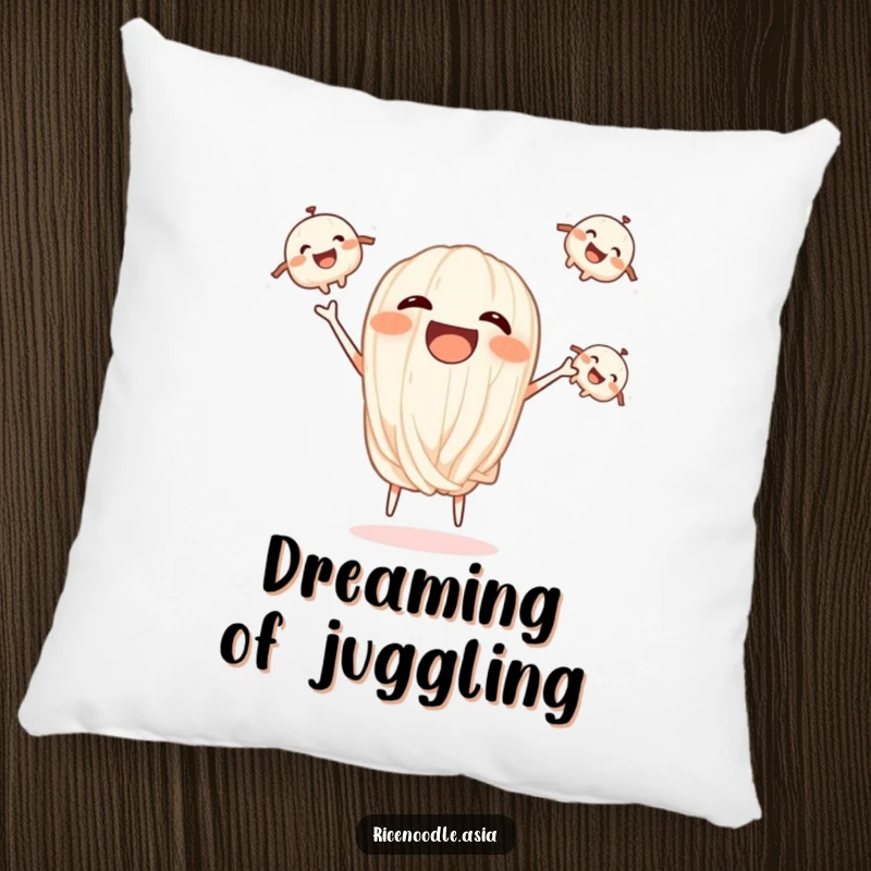Funny pillow graphic of a happy rice noodle juggling three smaller, smiling noodle characters.