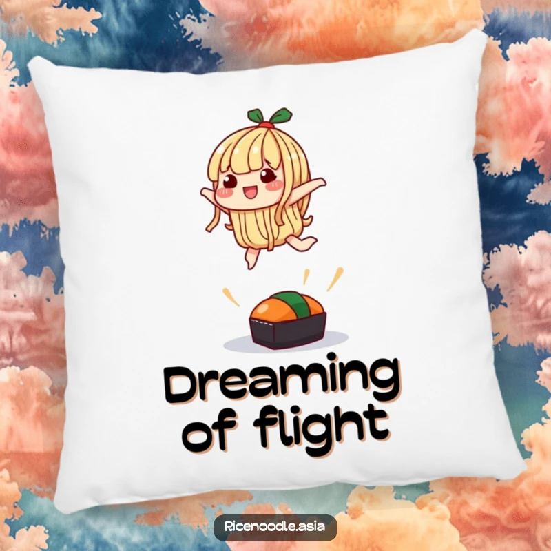 Funny Pillow: A soft decorative pillow featuring a noodle character attempting a silly jump over a small sushi.