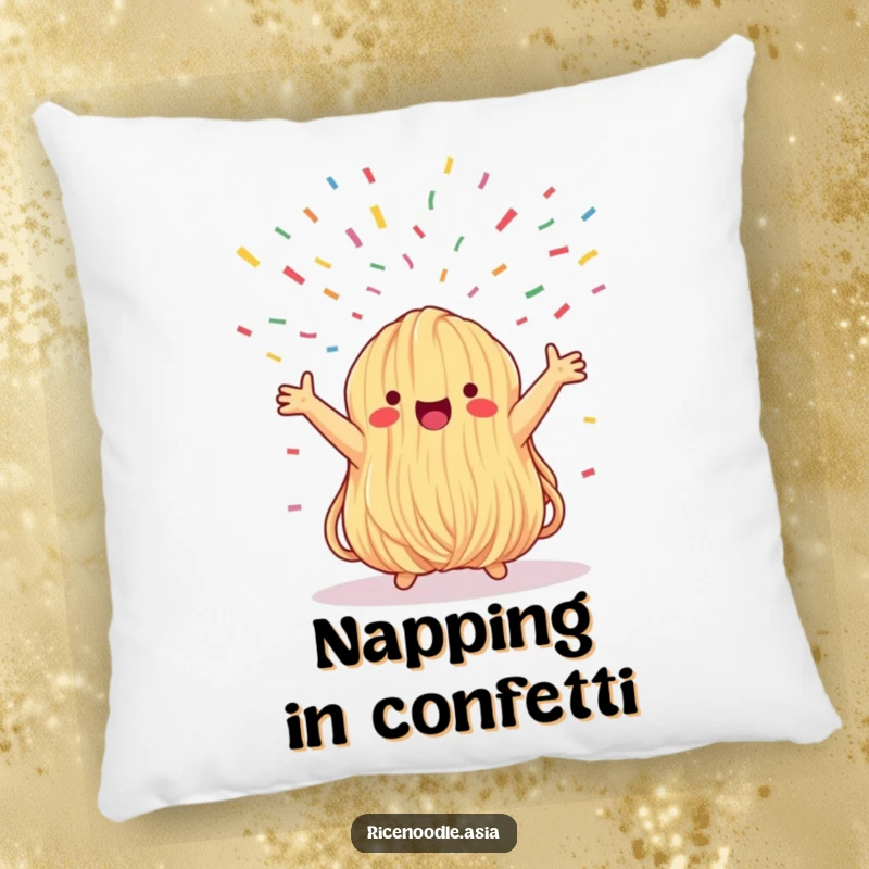 Funny pillow showcasing a whimsical noodle bundle with outstretched arms, gazing at a delightful confetti celebration, offering cozy comfort and smiles.