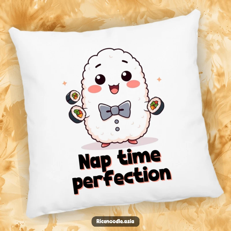 Funny rice ball pillow, accent cushion with a playful lump of sticky rice in a bow tie juggling sushi rolls.