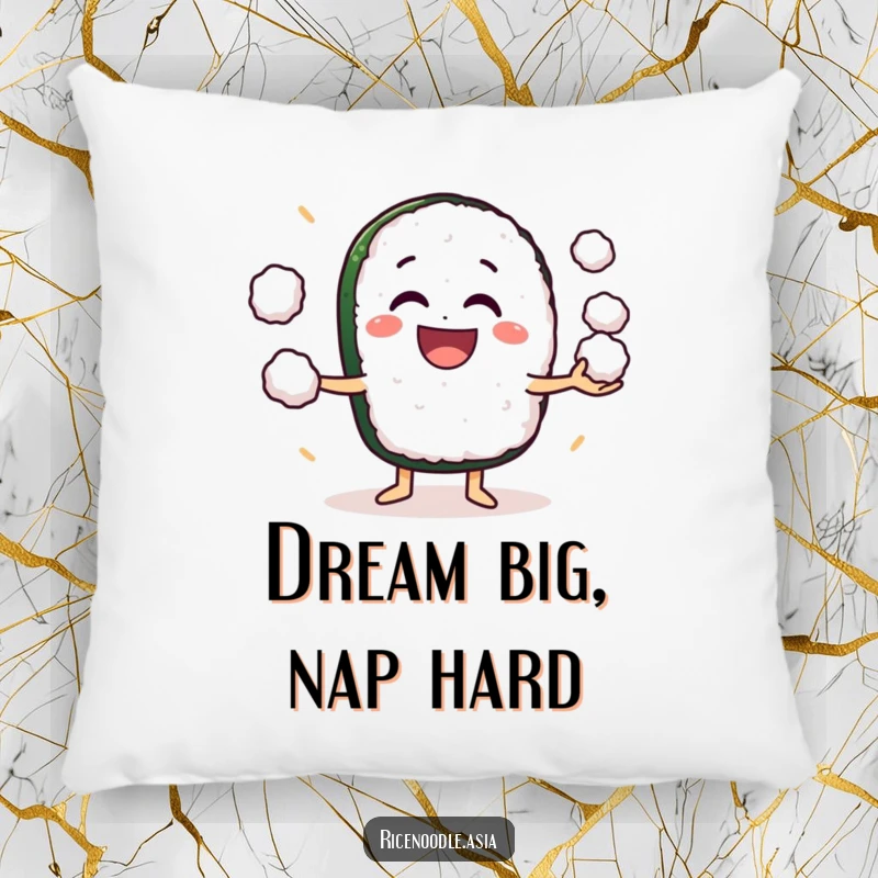 Funny Pillow: A soft decorative pillow featuring a grinning sushi roll character juggling small rice balls with enthusiasm.