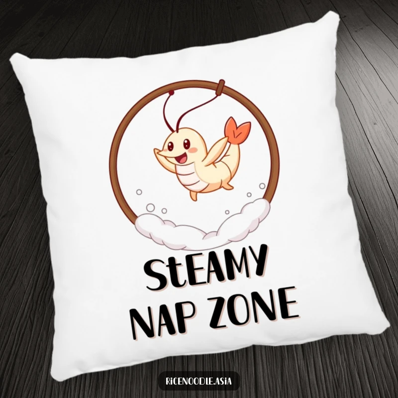 Funny Tempura Shrimp Pillow featuring a cheerful tempura shrimp leaping through steam, providing comfort and playful humor.