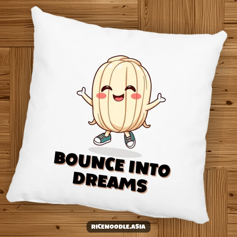 Funny Udon Noodle Pillow with a bouncing cartoon noodle wearing tiny shoes and a silly grin, providing comfort and humor.