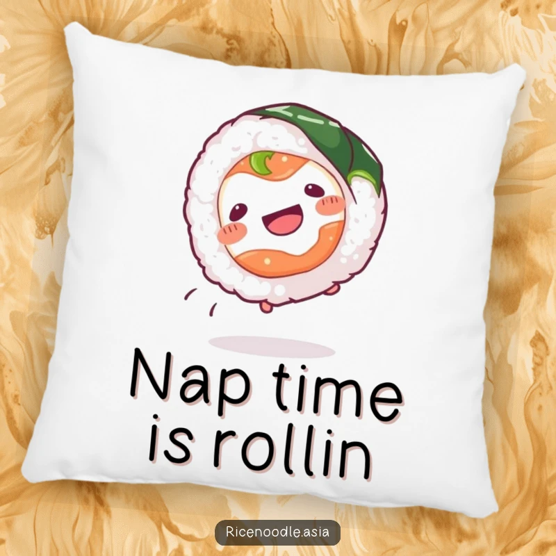 Funny Sushi Roll Pillow featuring a wiggling sushi roll doing a cartwheel, providing comfort and a touch of playful humor.