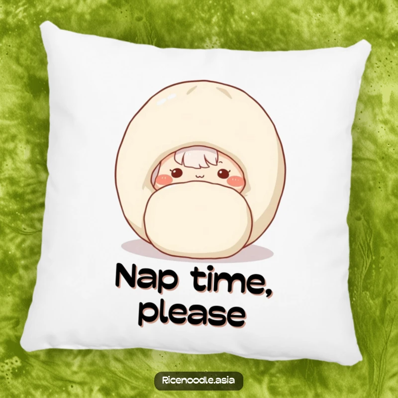 Funny pillow featuring a shy rice noodle with rosy cheeks and a dumpling companion.