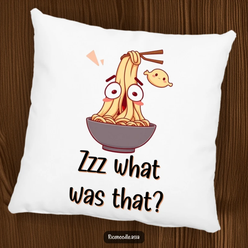 Funny Pillow: A soft decorative pillow featuring a noodle character with wide eyes, startled by a flying dumpling.