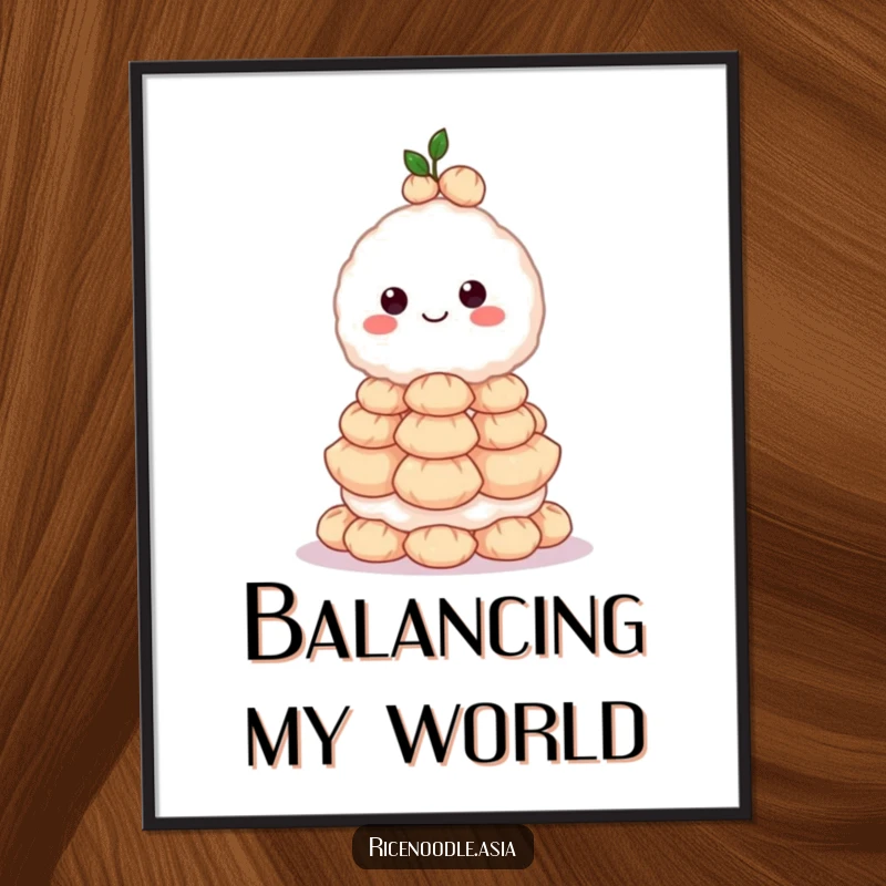 Funny digital art print of a grinning rice ball character balancing a towering stack of dumplings, perfect for wall decoration.