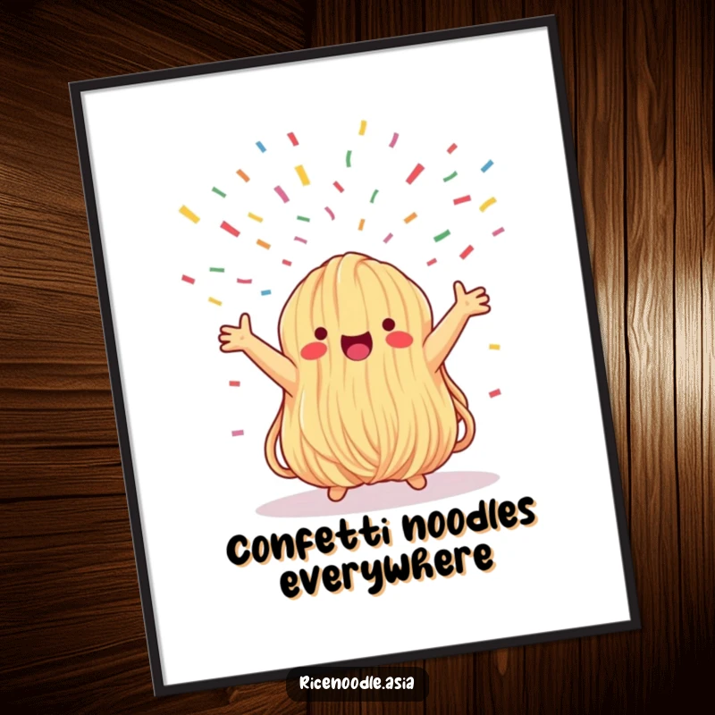 Funny digital art print of a whimsical noodle bundle with arms reaching up, enjoying a delightful confetti shower, perfect for wall decoration.