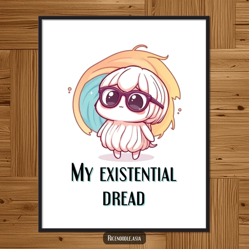 Funny Digital Art Print: A rice noodle wearing oversized glasses looks bewildered at a swirling vortex, creating instant comedic wall art.