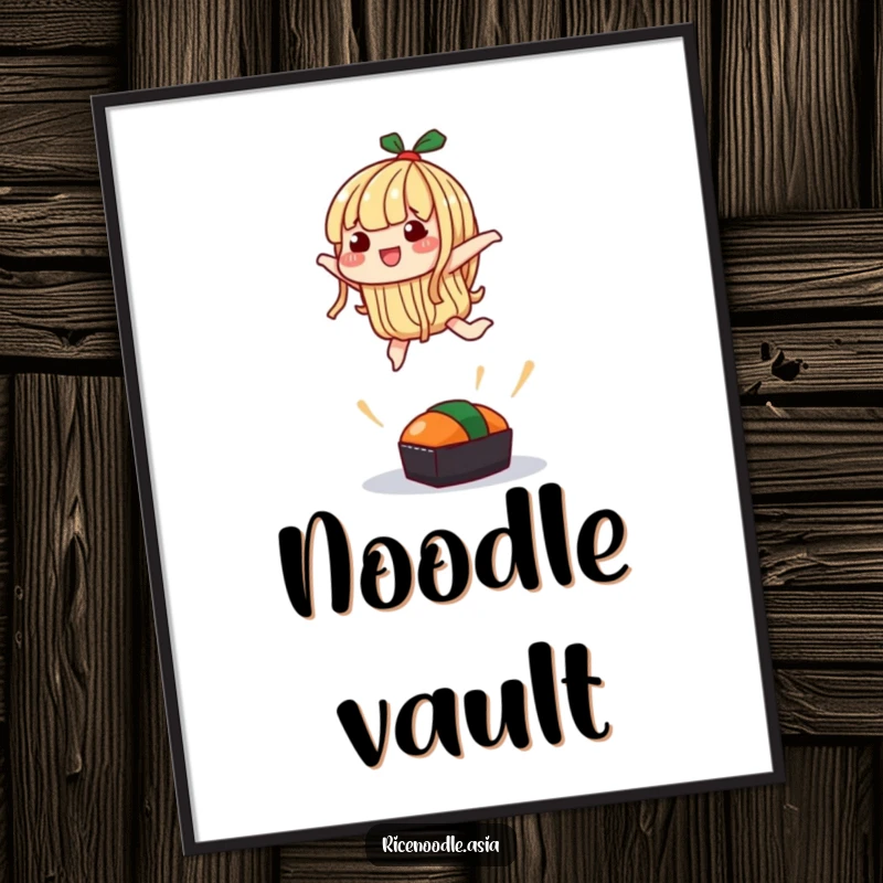 Funny Digital Art Print: A noodle character attempting a silly jump over a small sushi, high-resolution humor.