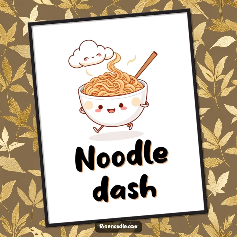 Funny noodle jogger digital art, illustration of a steaming rice noodle bowl with tiny legs jogging past a smiling cloud, downloadable artwork.