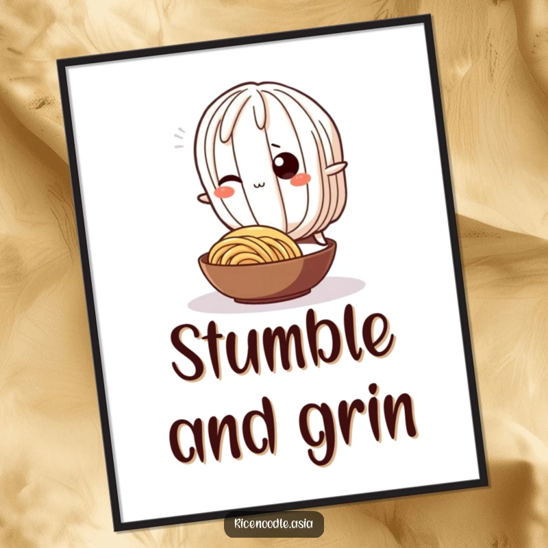 Funny Digital Art Print: A wiggling rice noodle character playfully tripping over a smaller noodle, high-resolution humor.