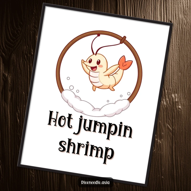 Funny Tempura Shrimp Digital Art Print of a cheerful tempura shrimp leaping through steam, full of motion and playful humor.