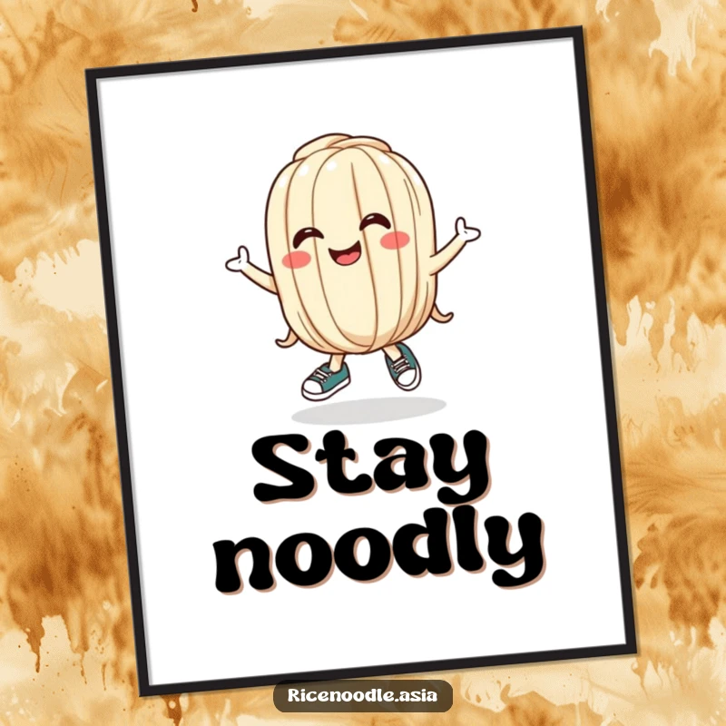 Funny Udon Noodle Digital Art Print of a bouncing cartoon noodle wearing tiny shoes and a silly grin, full of character and humor.