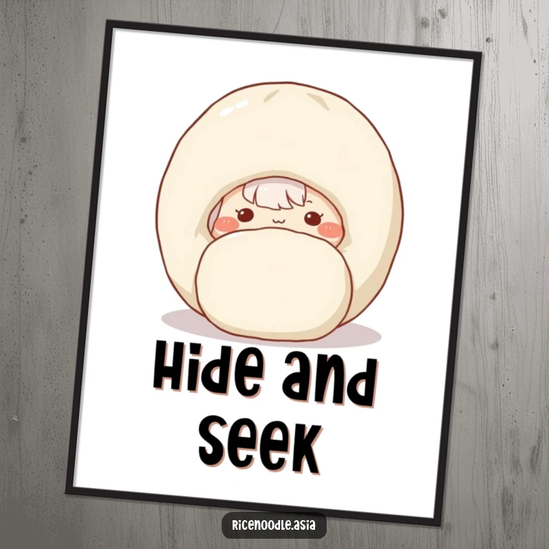 Funny digital art print of a shy rice noodle peeking with rosy cheeks from behind a large dumpling.