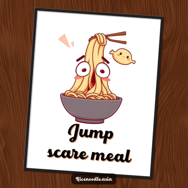 Funny Digital Art Print: A noodle character with wide eyes, comically startled by a flying dumpling, high-resolution humor.
