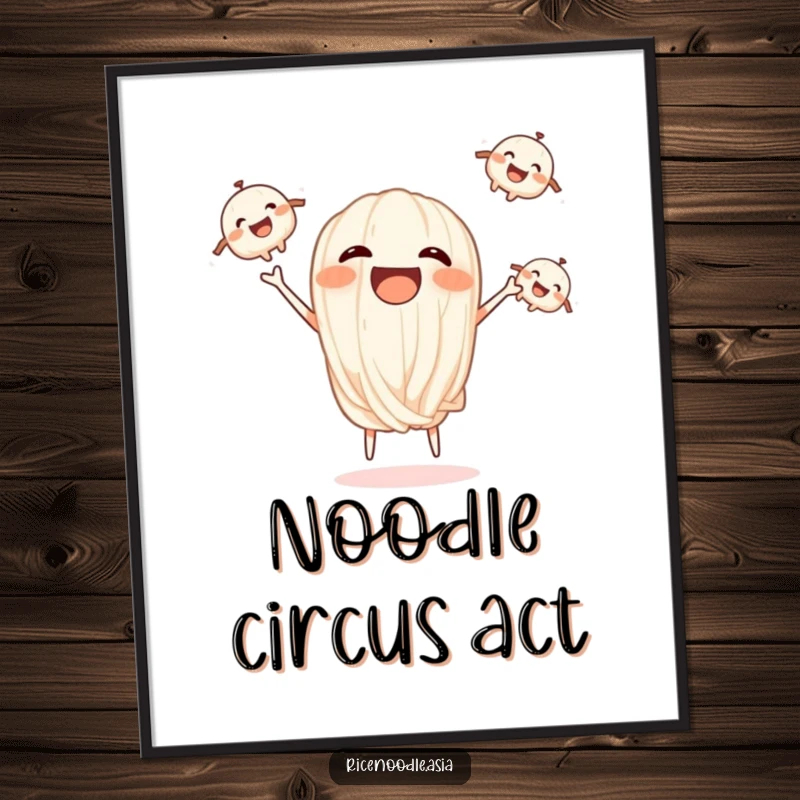 Funny digital art print of a laughing rice noodle juggling three smaller, smiling noodle characters.