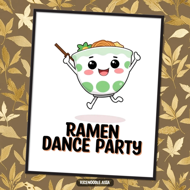 Funny digital art print of a happy ramen bowl character joyfully skipping along, chopsticks as arms, perfect for wall decoration.