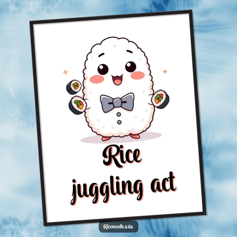 Funny sushi juggling rice digital art, illustration of a playful sticky rice ball wearing a bow tie, juggling mini sushi rolls, downloadable artwork.