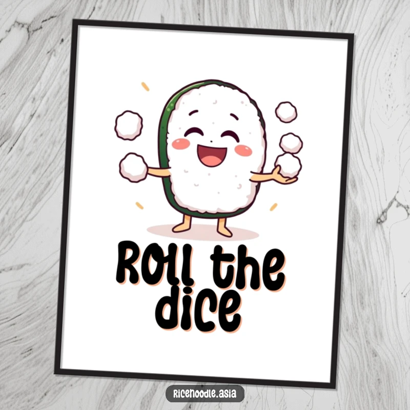 Funny Digital Art Print: A grinning sushi roll character energetically juggling small rice balls, high-resolution fun.