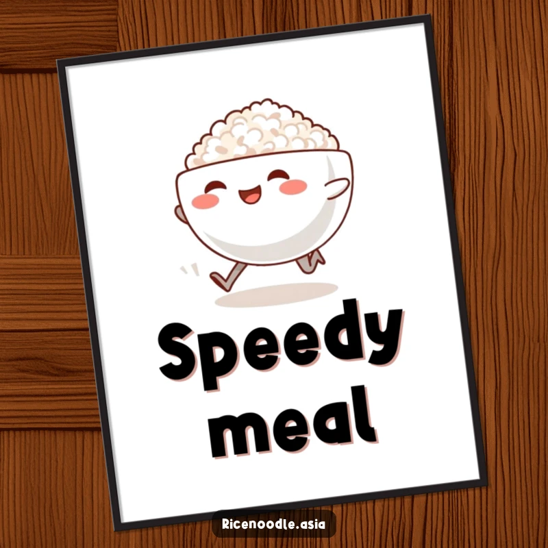 Funny Sprinting Rice Bowl Digital Art Print: A smiling rice bowl with legs sprints, trailing steam, offering instant funny food decor.
