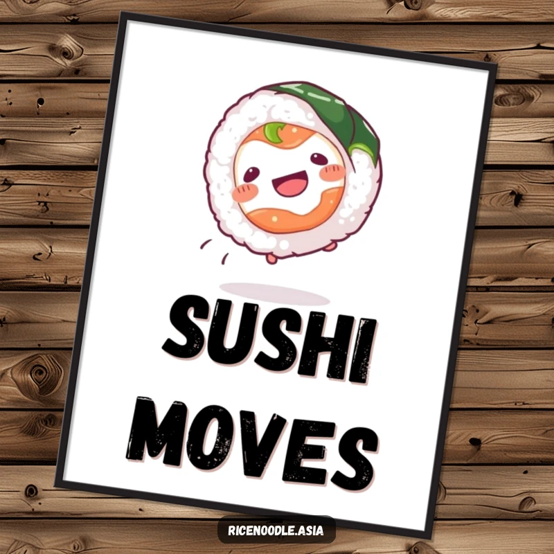 Funny Sushi Roll Digital Art Print of a wiggling sushi roll doing a cartwheel, full of motion and playful humor.