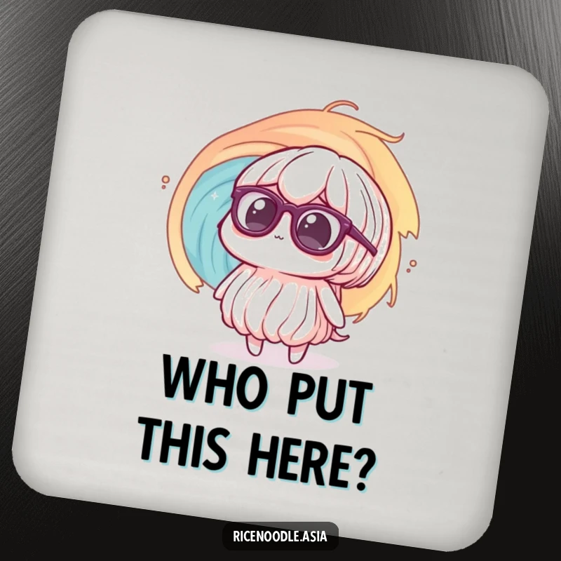 Funny Coaster: A rice noodle with oversized glasses looks confused by a swirling vortex, offering protection with a humorous touch.
