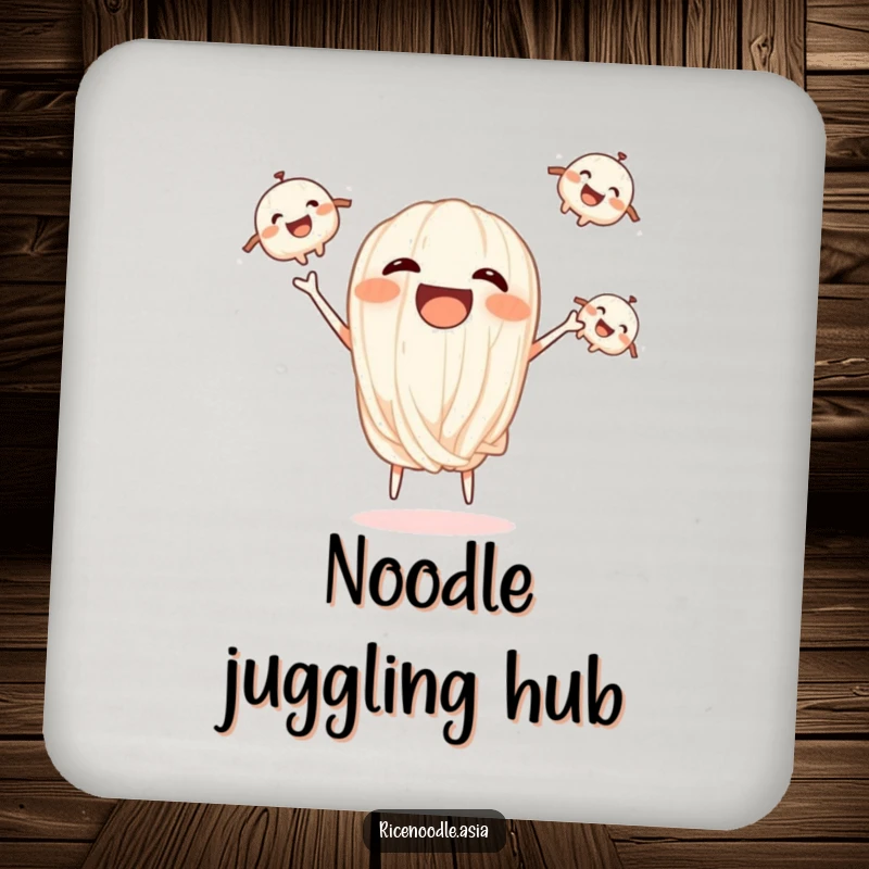 Funny drink coaster with a laughing rice noodle juggling three smaller, smiling noodles.