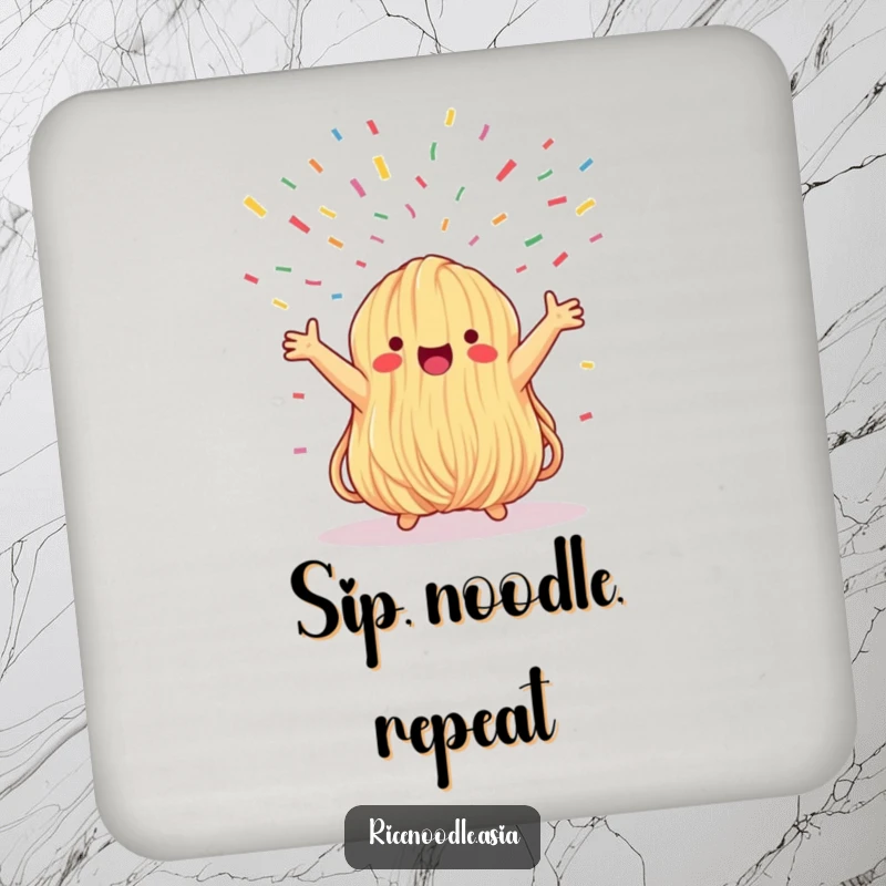 Funny drink coasters featuring a whimsical noodle bundle joyfully celebrating with a shower of confetti, providing surface protection with humor.