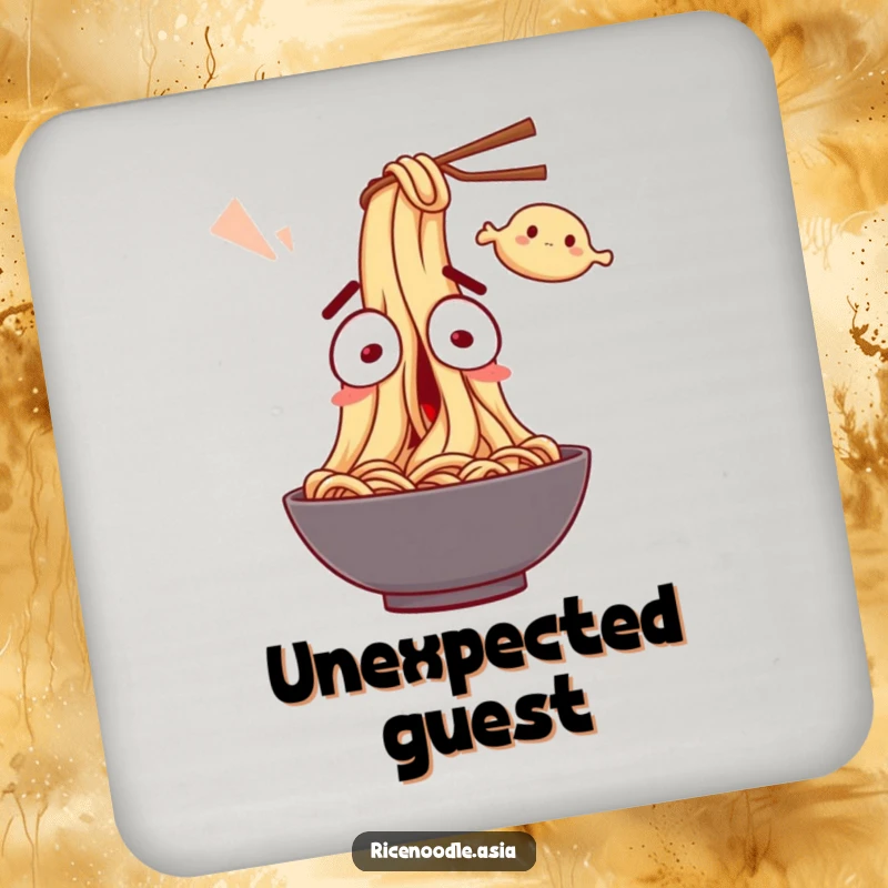 Funny Coaster: A noodle character with wide eyes, startled by a flying dumpling, protecting surfaces with humor.