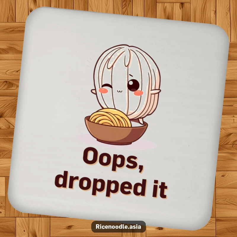 Funny Coaster: A wiggling rice noodle character playfully tripping over a smaller noodle, protecting surfaces with humor.
