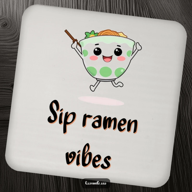 Funny drink coasters featuring a happy ramen bowl character joyfully skipping, chopsticks for arms, providing surface protection with humor.