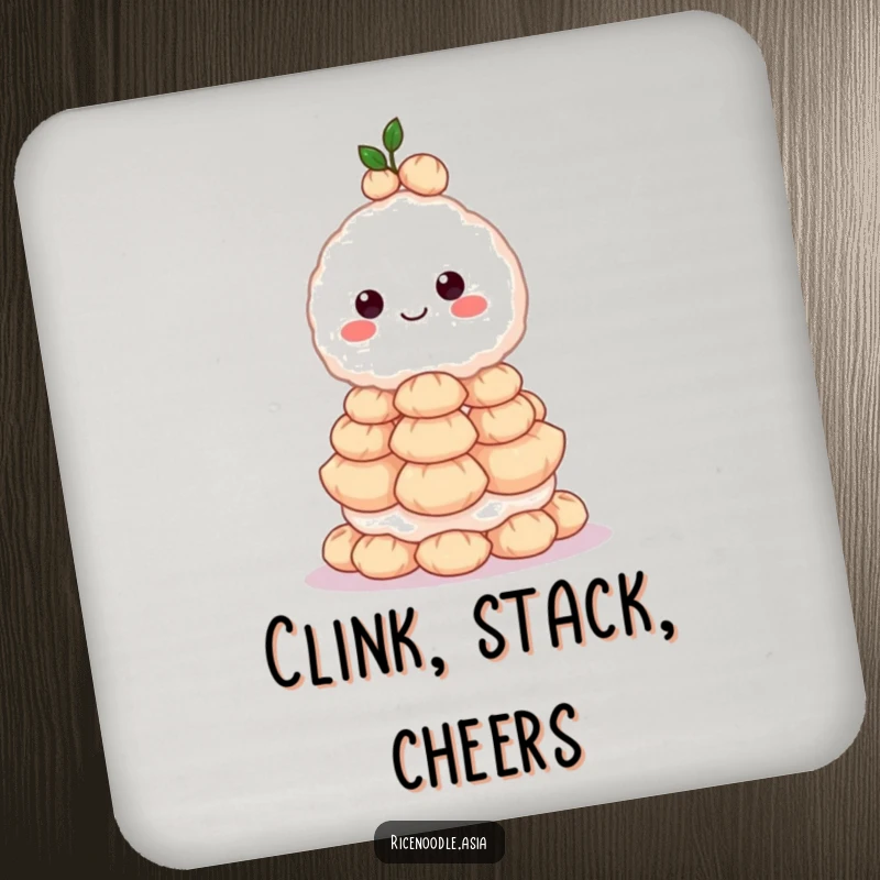 Funny drink coasters featuring a grinning rice ball character balancing a huge stack of dumplings, providing surface protection with humor.