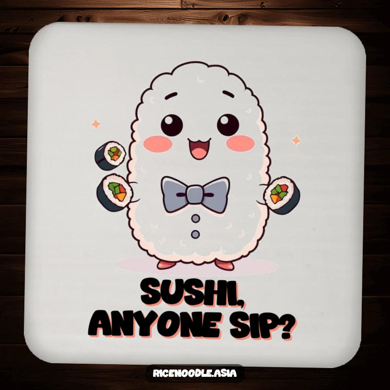 Funny rice coaster, design of a playful sticky rice lump in a bow tie juggling mini sushi rolls, a cute drink accessory.
