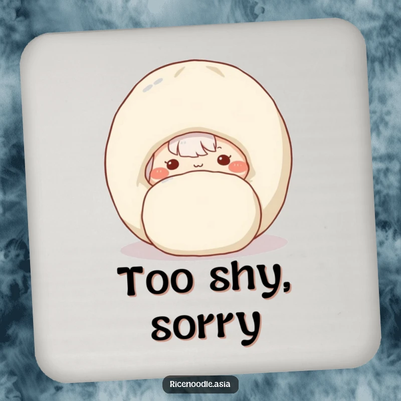 Funny drink coaster showcasing a shy rice noodle with rosy cheeks and a dumpling.