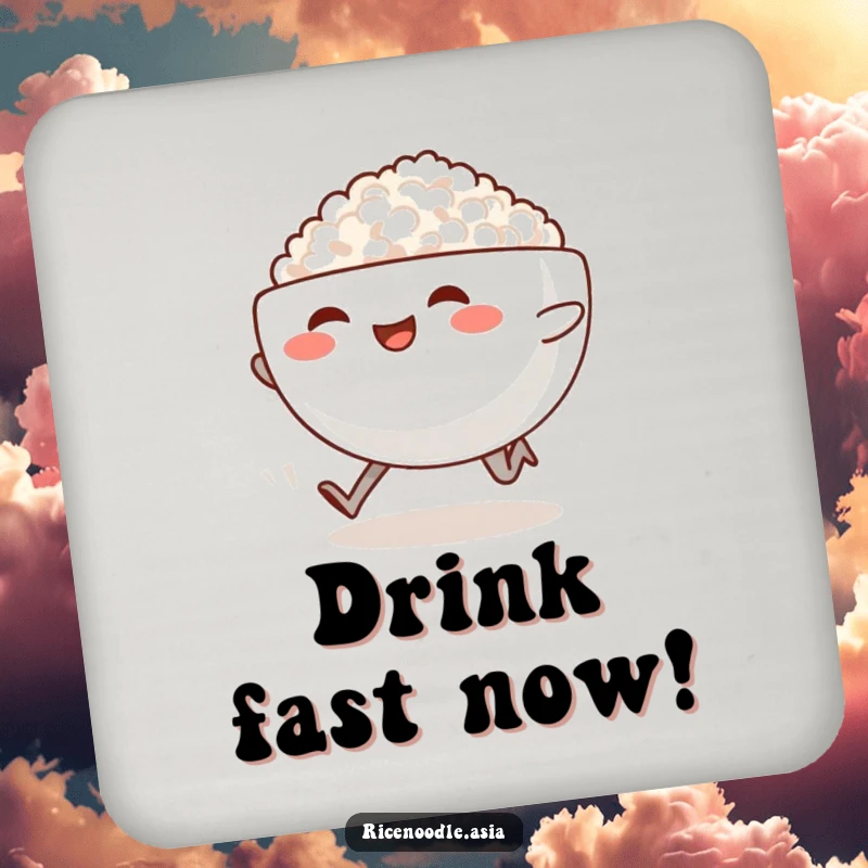 Funny Sprinting Rice Bowl Drink Coaster: A smiling rice bowl with legs sprints, trailing steam, a funny coaster for drink protection.
