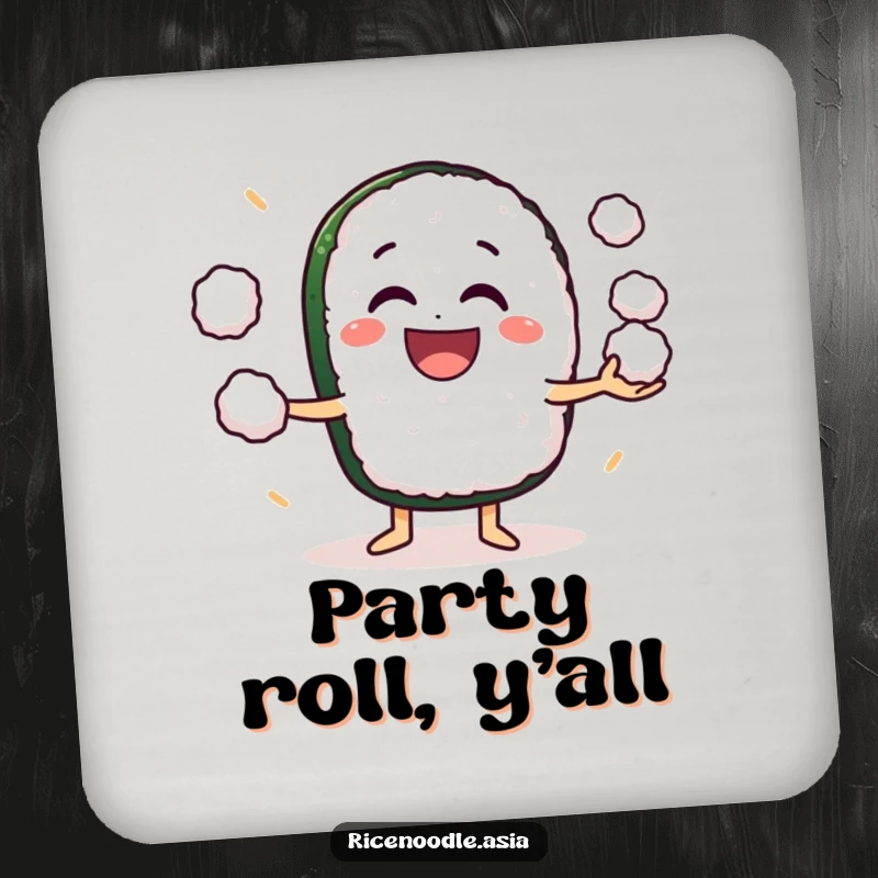 Funny Coaster: A grinning sushi roll character enthusiastically juggling small rice balls, protecting surfaces with humor.