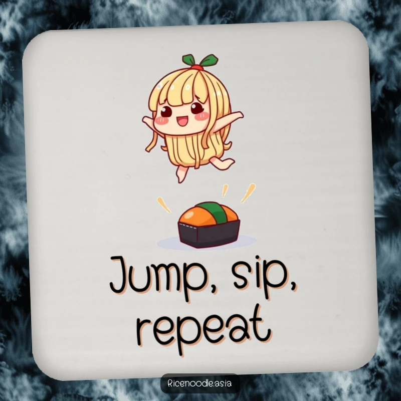Funny Coaster: A noodle character attempting a silly jump over a small sushi, protecting surfaces with humor.
