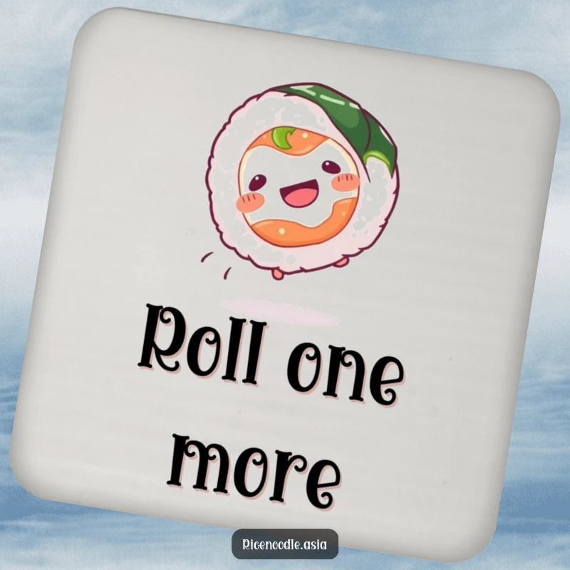 Funny Sushi Roll Coasters featuring a wiggling sushi roll doing a cartwheel, protecting surfaces with playful humor.