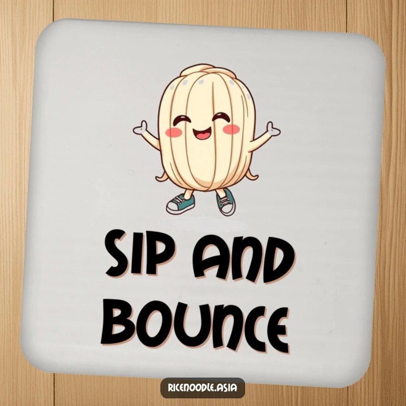 Funny Udon Noodle Coasters featuring a bouncing cartoon noodle wearing tiny shoes and a silly grin, protecting surfaces with humor.