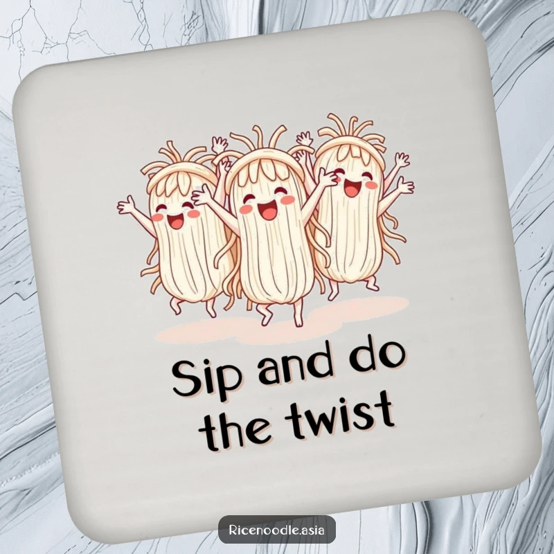 Funny Coaster: Cheerful rice noodles perform a synchronized dance with exaggerated arm movements, offering fun protection for surfaces.