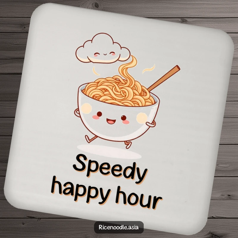 Funny noodle coaster, design of a steaming rice noodle bowl with tiny legs jogging past a smiling cloud, a fun drink accessory.