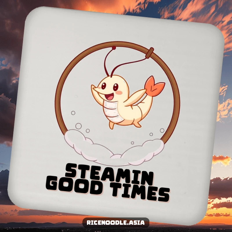 Funny Tempura Shrimp Coasters featuring a cheerful tempura shrimp leaping through steam, protecting surfaces with playful humor.
