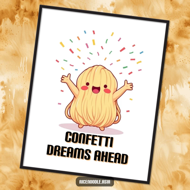 Funny poster print of a whimsical noodle bundle with arms raised high, celebrating under a shower of colorful confetti, creating a festive atmosphere.