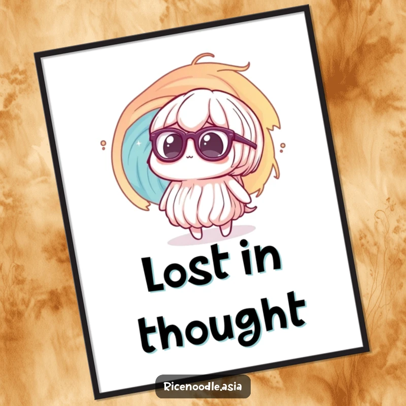 Funny Poster: A rice noodle wearing oversized glasses looks bewildered at a swirling vortex, capturing a moment of comedic confusion.